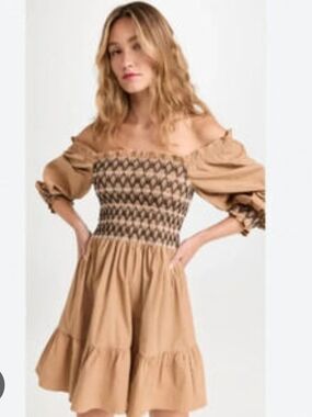 Shoshanna Celina Smocked Dress Tan Size 8